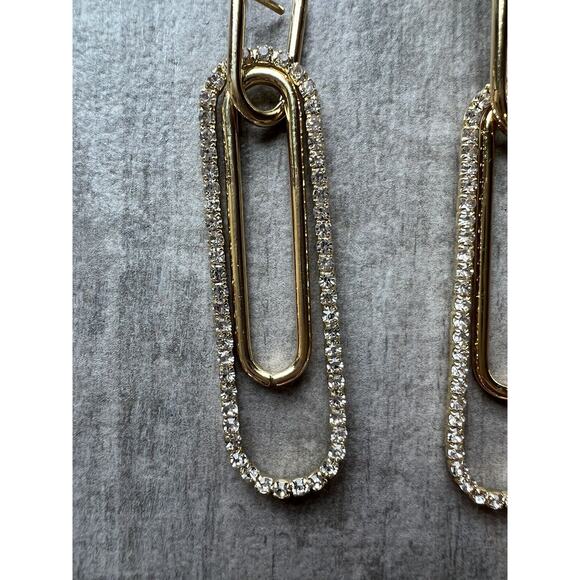 Los Angeles Boutique Dangle Long Rectangle Gold Earrings Rhinestone Crystal NEW - Picture 6 of 8